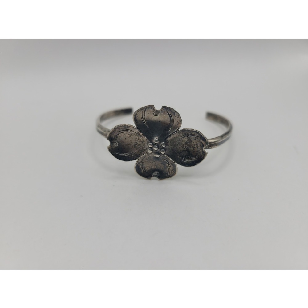 Vintage Sterling Silver Dogwood Flower Open Cuff Bracelet Floral Statement